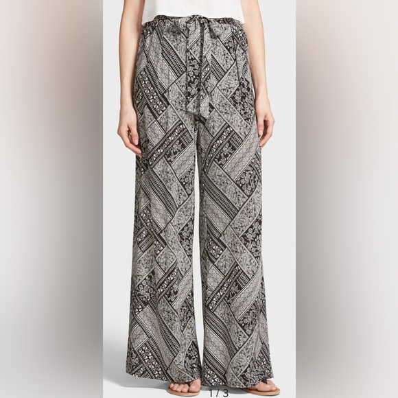 Astr Pants - ASTR Womens Medium‎ Black White Boho Festival Wide Leg Flowy Pull On Tie Pants